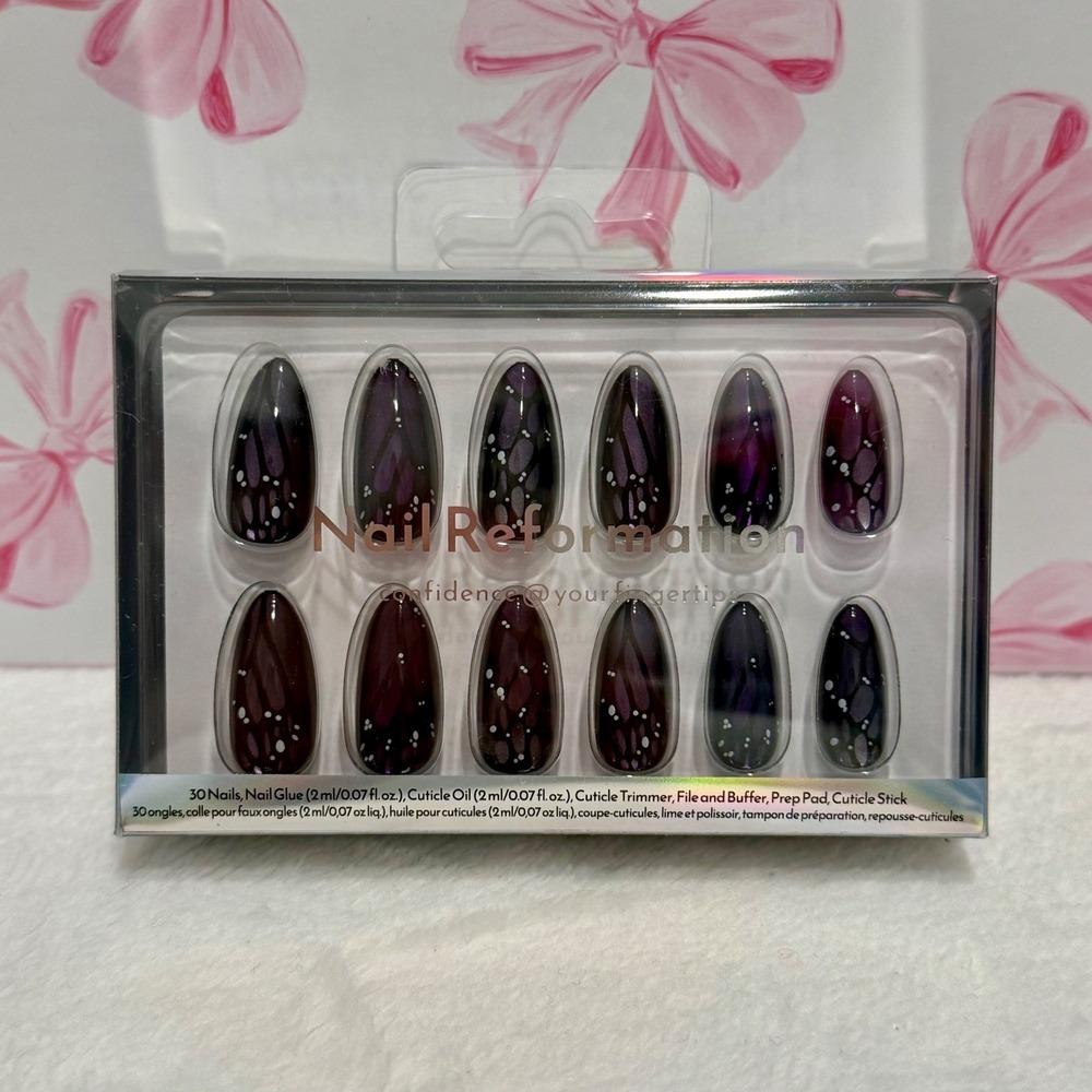 Nail Reformation Press‎ On Nails Almond Purple Mariposa Butterfly 30 Nails